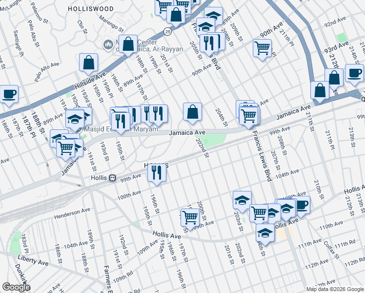 map of restaurants, bars, coffee shops, grocery stores, and more near 94-11 199th Street in Queens