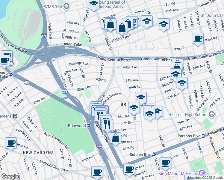 map of restaurants, bars, coffee shops, grocery stores, and more near 141-71 84th Road in Queens