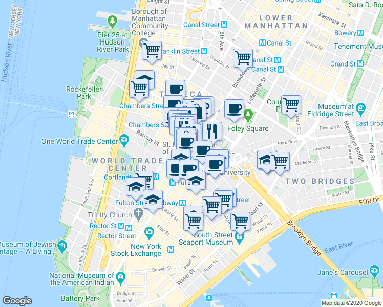 map of restaurants, bars, coffee shops, grocery stores, and more near 237 Broadway in New York