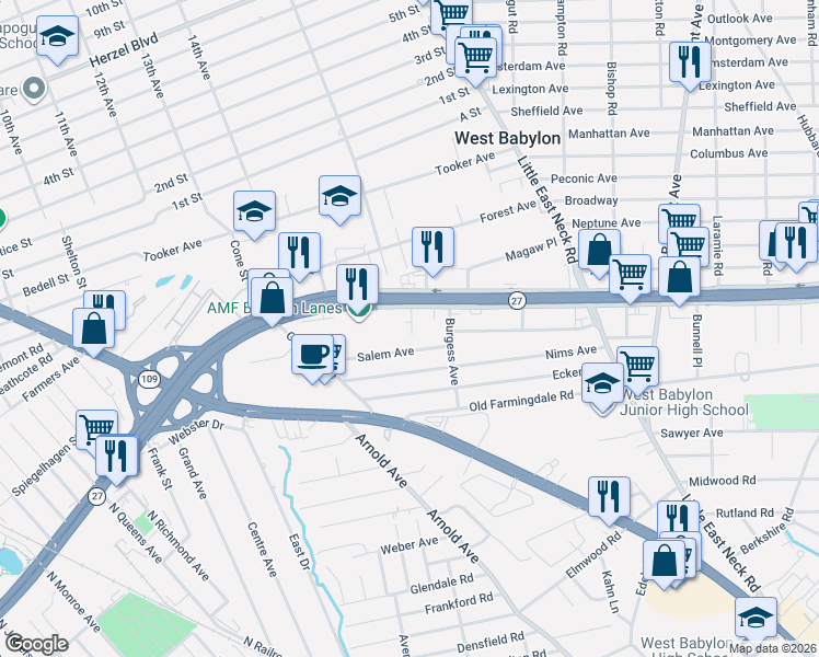 map of restaurants, bars, coffee shops, grocery stores, and more near 454 Sunrise Highway in West Babylon