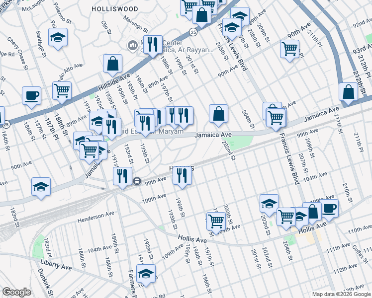 map of restaurants, bars, coffee shops, grocery stores, and more near 196-26 Woodhull Avenue in Queens