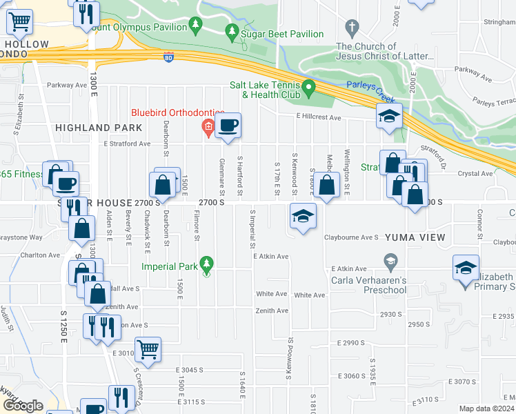 map of restaurants, bars, coffee shops, grocery stores, and more near 2693 South Imperial Street in Salt Lake City