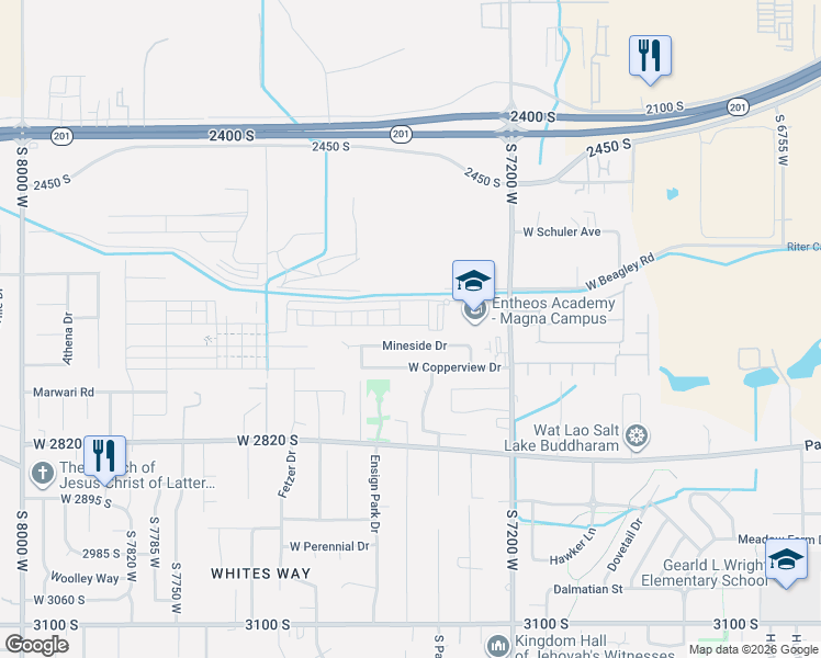 map of restaurants, bars, coffee shops, grocery stores, and more near 7244 Copperview Drive in Magna