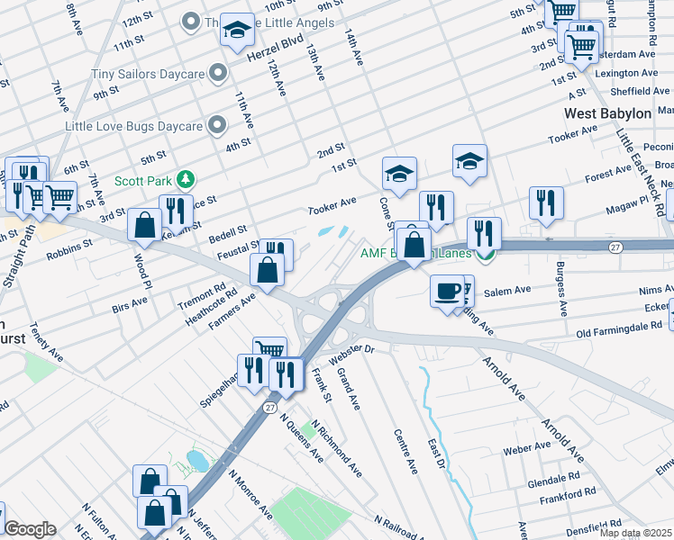 map of restaurants, bars, coffee shops, grocery stores, and more near 122 Farber Drive in West Babylon