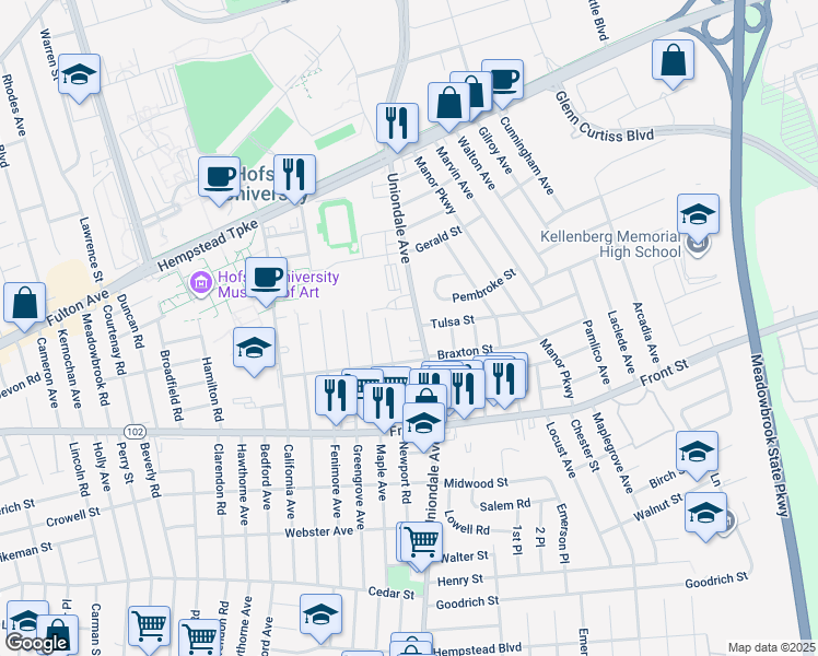 map of restaurants, bars, coffee shops, grocery stores, and more near 171 Uniondale Avenue in Uniondale
