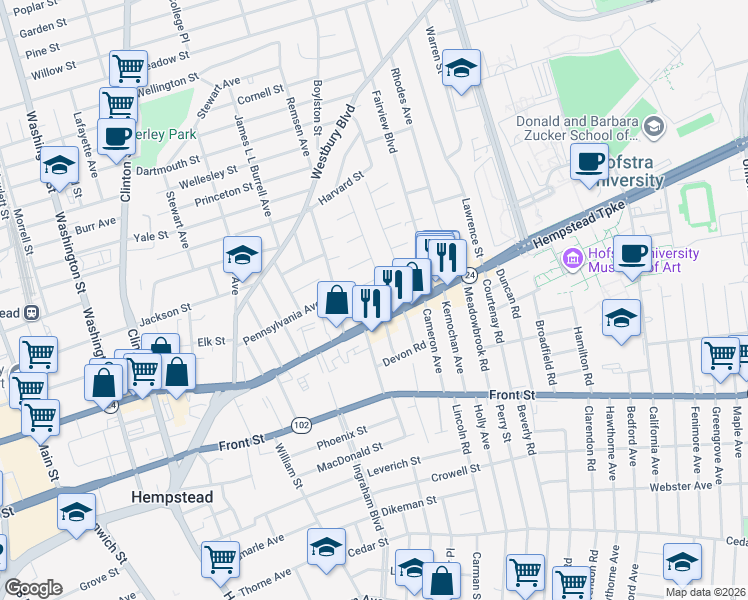 map of restaurants, bars, coffee shops, grocery stores, and more near 28 Manor Avenue in Hempstead