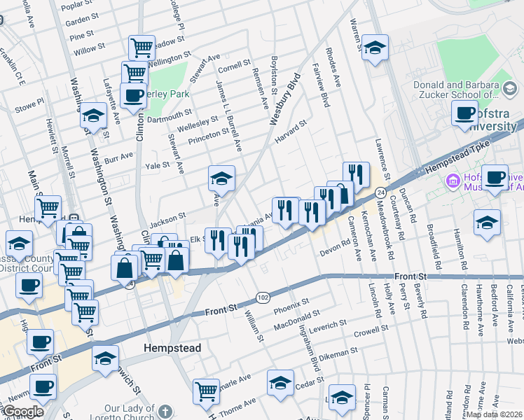 map of restaurants, bars, coffee shops, grocery stores, and more near 79 Vermont Avenue in Hempstead