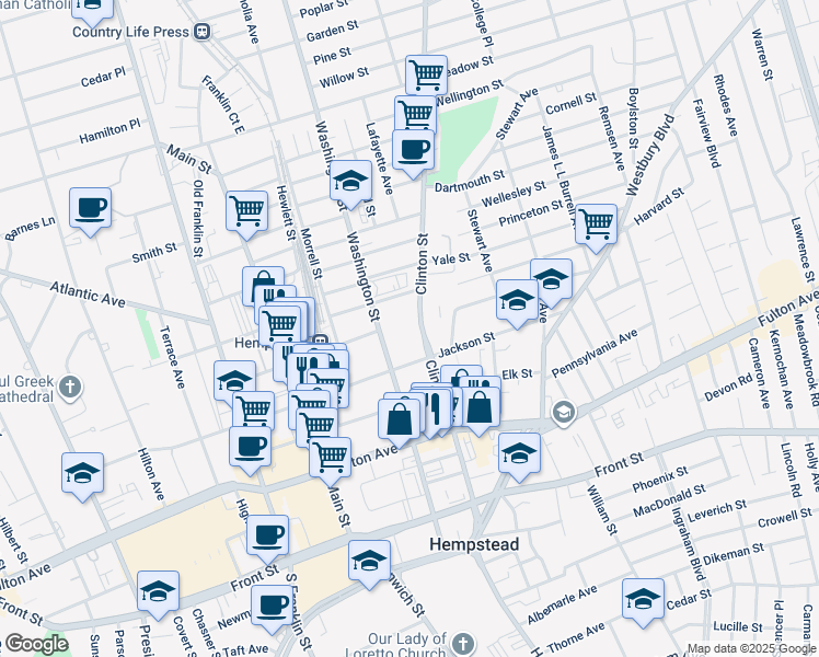map of restaurants, bars, coffee shops, grocery stores, and more near 189 Clinton Street in Hempstead