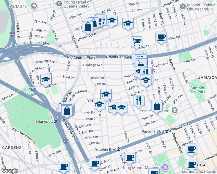map of restaurants, bars, coffee shops, grocery stores, and more near 84-19 Smedley Street in Queens