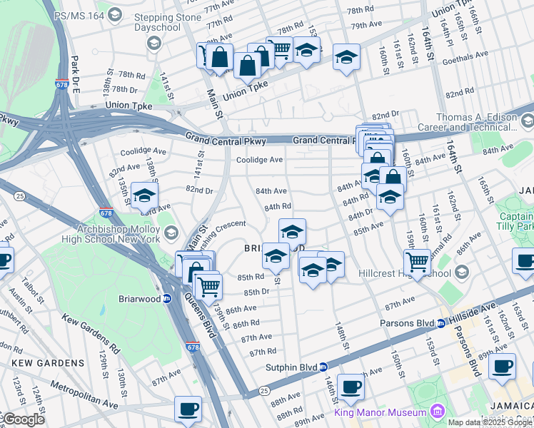 map of restaurants, bars, coffee shops, grocery stores, and more near 143-21 84th Road in Queens