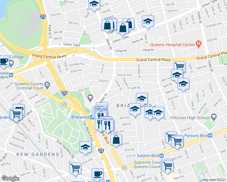 map of restaurants, bars, coffee shops, grocery stores, and more near 141-71 84th Road in Queens