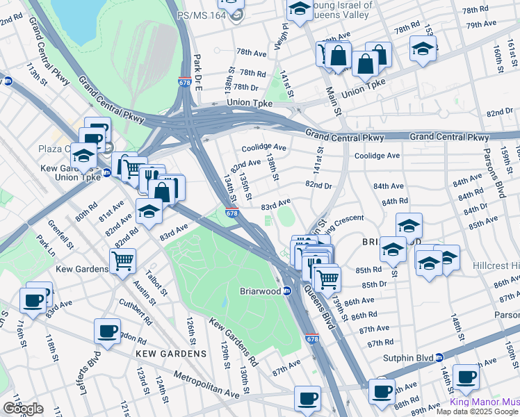 map of restaurants, bars, coffee shops, grocery stores, and more near 135-34 82nd Drive in Queens