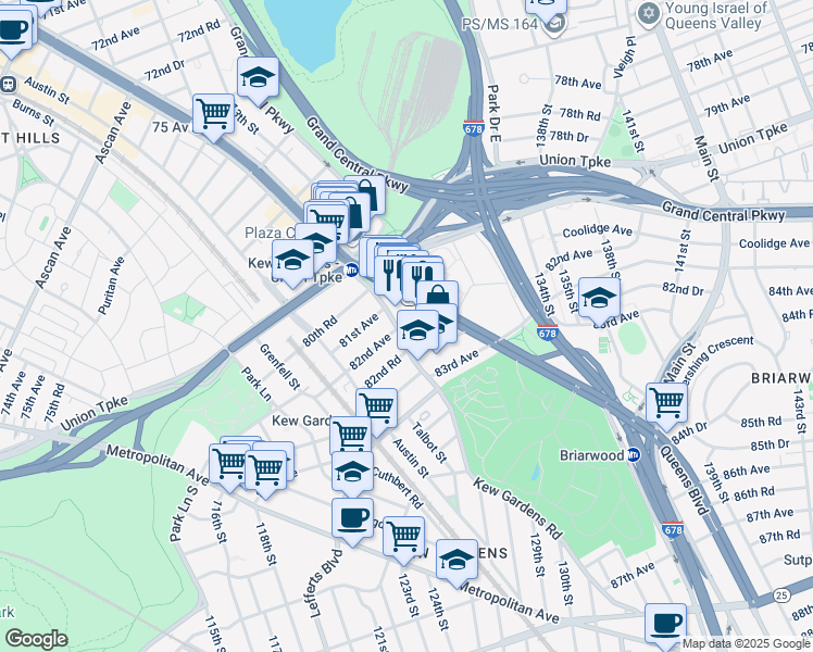 map of restaurants, bars, coffee shops, grocery stores, and more near 120-46 Queens Boulevard in Queens