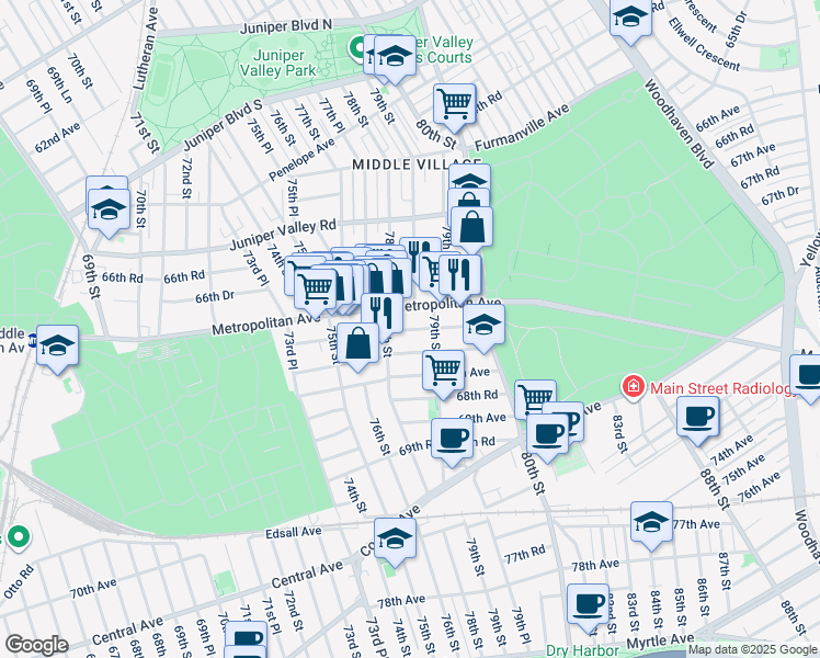 map of restaurants, bars, coffee shops, grocery stores, and more near 78-12 Metropolitan Avenue in Queens