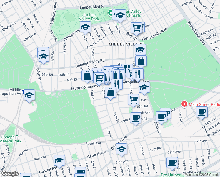 map of restaurants, bars, coffee shops, grocery stores, and more near 7532 Metropolitan Avenue in Queens