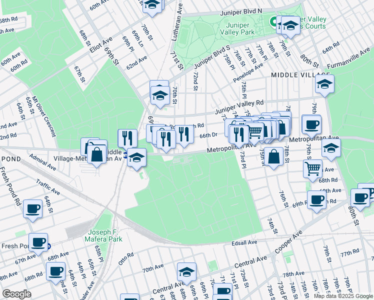 map of restaurants, bars, coffee shops, grocery stores, and more near 66-55 71st Street in Queens