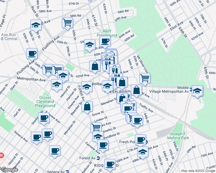 map of restaurants, bars, coffee shops, grocery stores, and more near in Queens