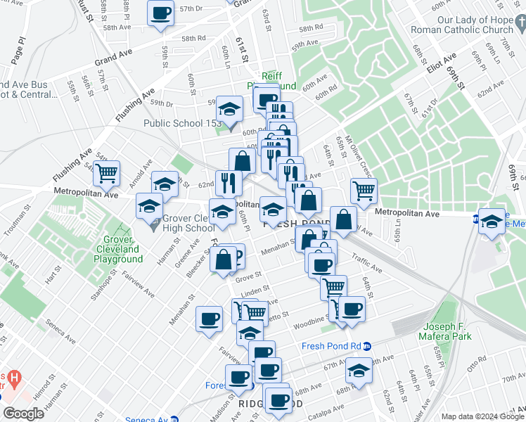 map of restaurants, bars, coffee shops, grocery stores, and more near in Queens