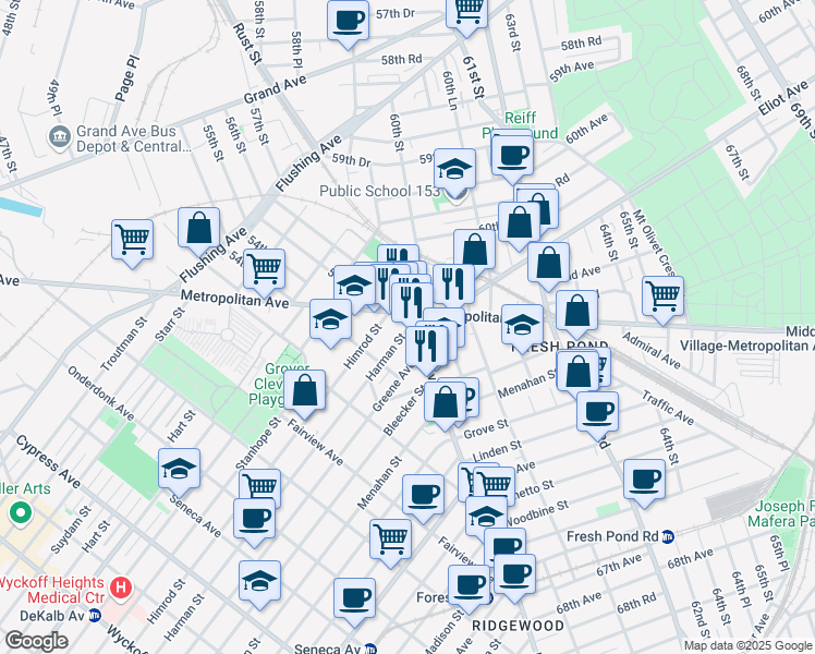 map of restaurants, bars, coffee shops, grocery stores, and more near 56-17 Metropolitan Avenue in Queens