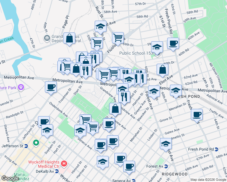 map of restaurants, bars, coffee shops, grocery stores, and more near 53-56 Metropolitan Avenue in Queens