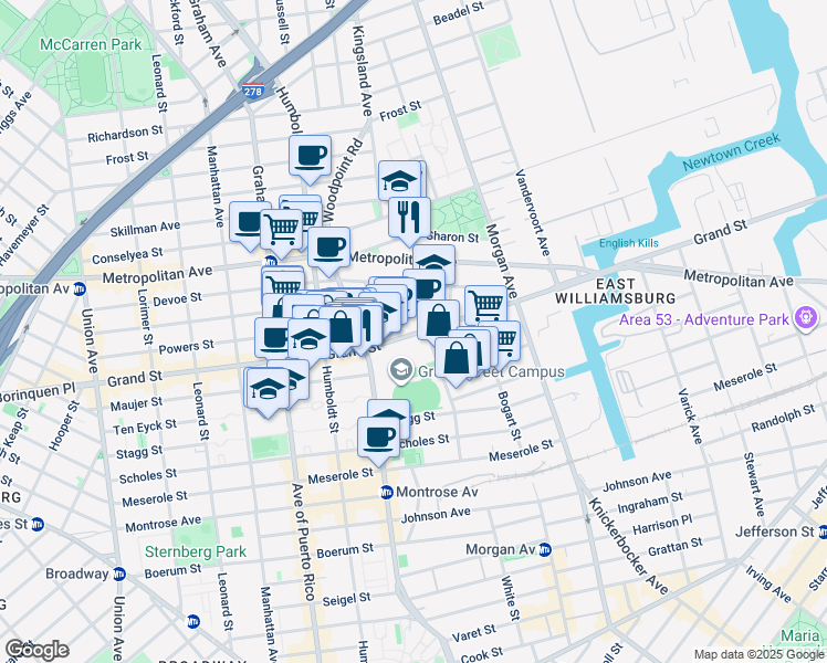 map of restaurants, bars, coffee shops, grocery stores, and more near 182 Powers Street in Brooklyn