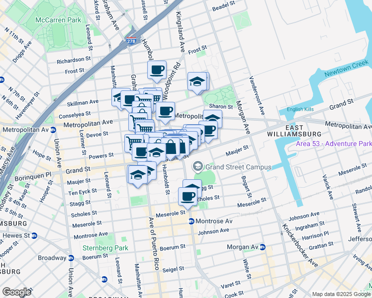 map of restaurants, bars, coffee shops, grocery stores, and more near 65 Bushwick Avenue in Brooklyn
