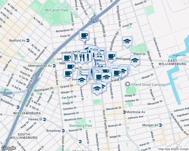 map of restaurants, bars, coffee shops, grocery stores, and more near 207 Ainslie Street in Brooklyn
