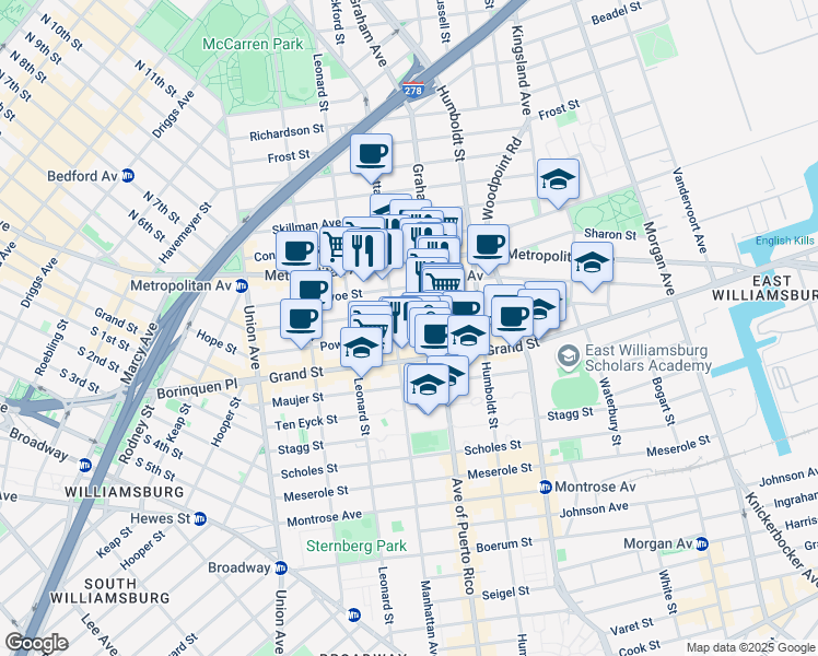 map of restaurants, bars, coffee shops, grocery stores, and more near 207 Ainslie Street in Brooklyn