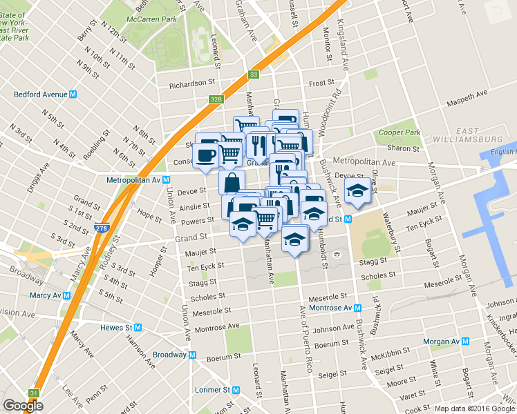 map of restaurants, bars, coffee shops, grocery stores, and more near 207 Ainslie Street in Brooklyn