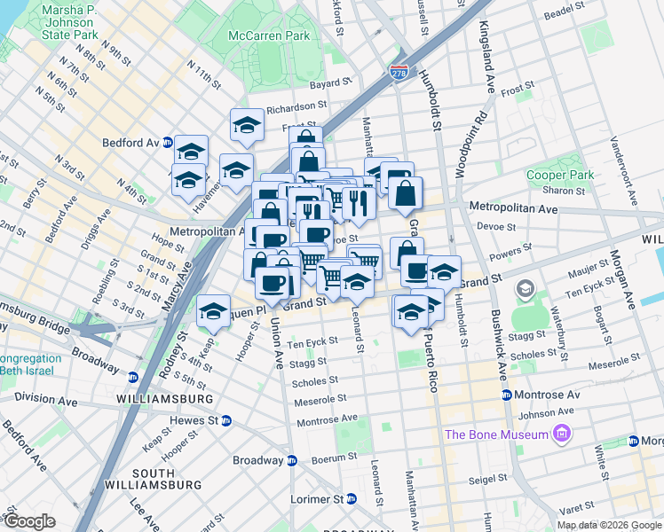 map of restaurants, bars, coffee shops, grocery stores, and more near 149 Ainslie Street in Brooklyn