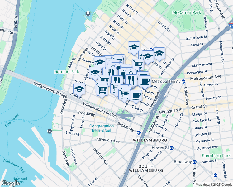 map of restaurants, bars, coffee shops, grocery stores, and more near 728 Driggs Avenue in Brooklyn