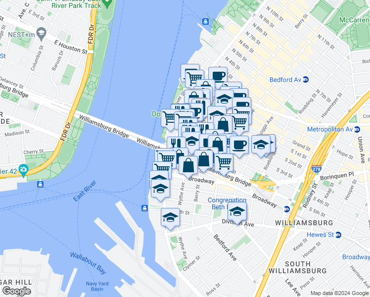 map of restaurants, bars, coffee shops, grocery stores, and more near 36-46 South 4th Street in Brooklyn