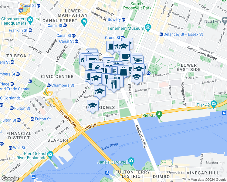 map of restaurants, bars, coffee shops, grocery stores, and more near 56 East Broadway in New York