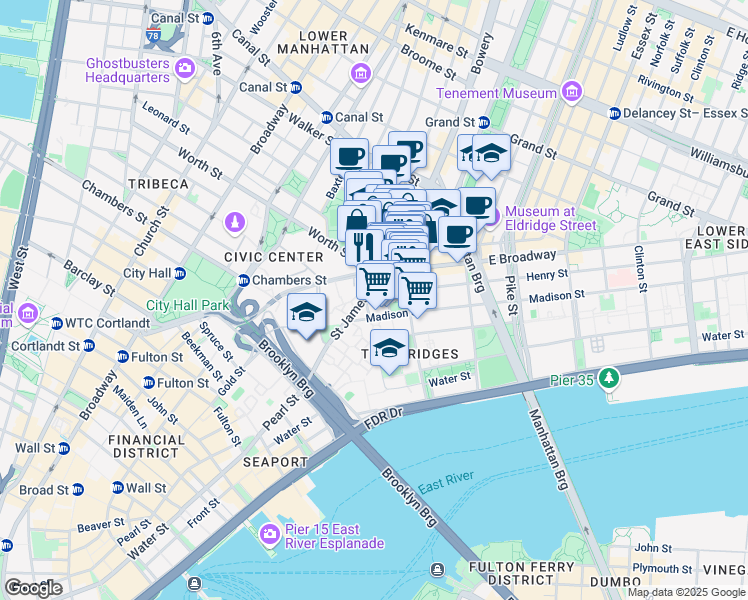 map of restaurants, bars, coffee shops, grocery stores, and more near in New York