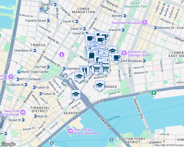 map of restaurants, bars, coffee shops, grocery stores, and more near 185 Park Row in New York