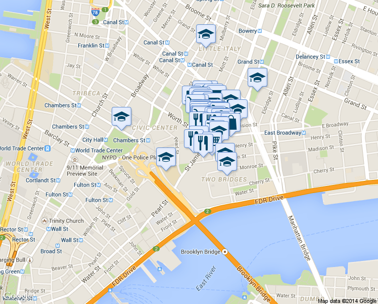 map of restaurants, bars, coffee shops, grocery stores, and more near 215 Park Row in New York