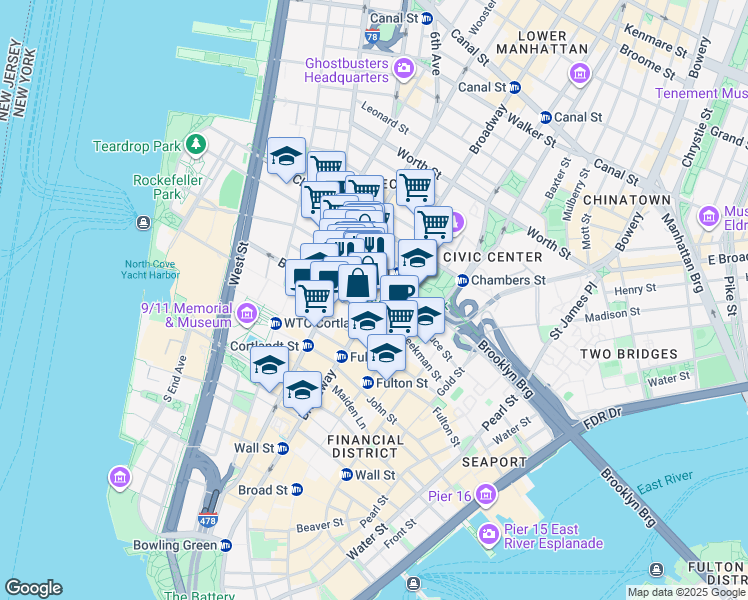map of restaurants, bars, coffee shops, grocery stores, and more near in New York
