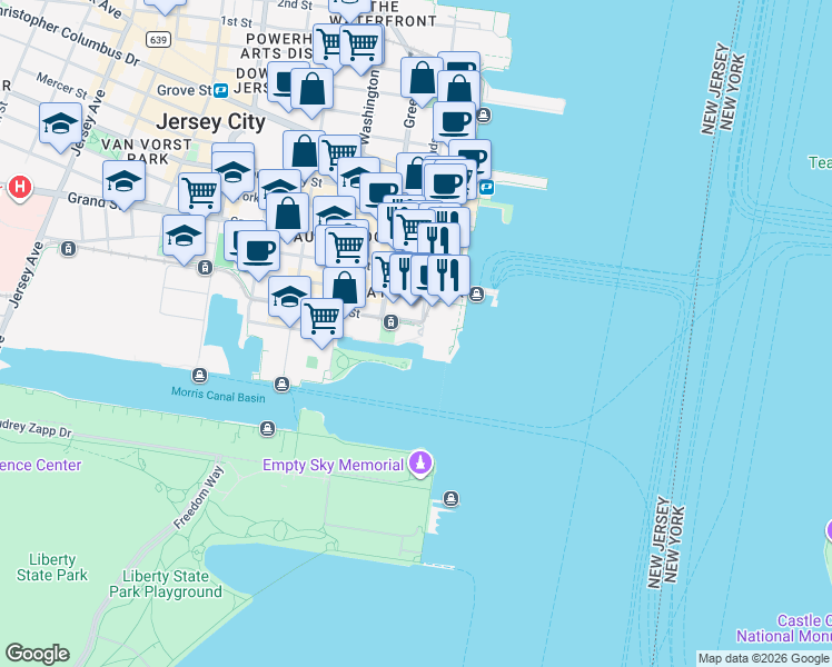 map of restaurants, bars, coffee shops, grocery stores, and more near 46 Essex Street in Jersey City
