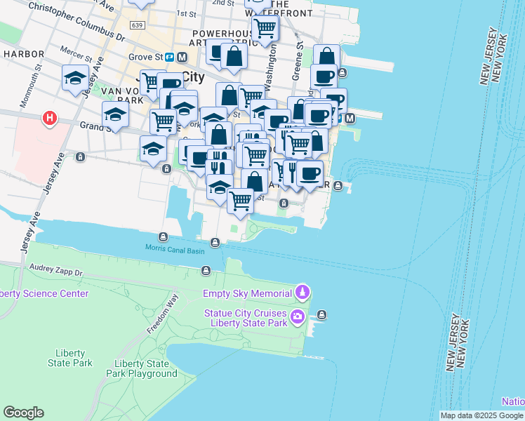 map of restaurants, bars, coffee shops, grocery stores, and more near 76 Essex Street in Jersey City