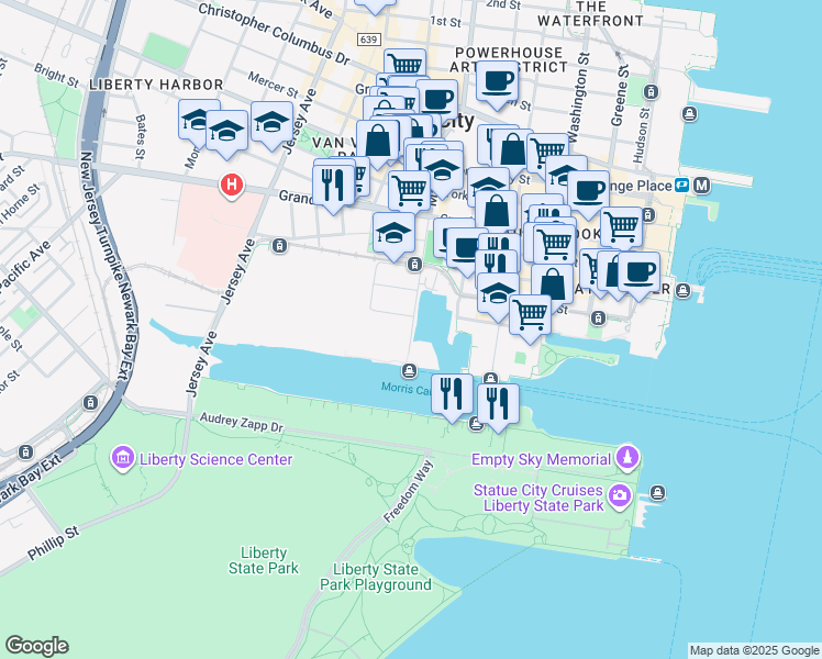 map of restaurants, bars, coffee shops, grocery stores, and more near 130 Marin Boulevard in Jersey City