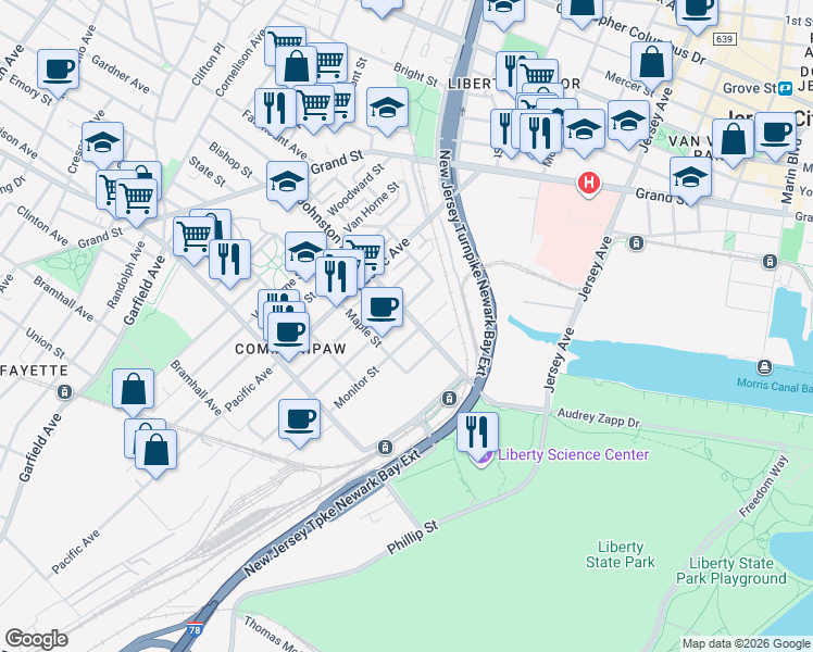 map of restaurants, bars, coffee shops, grocery stores, and more near 293 Pine Street in Jersey City