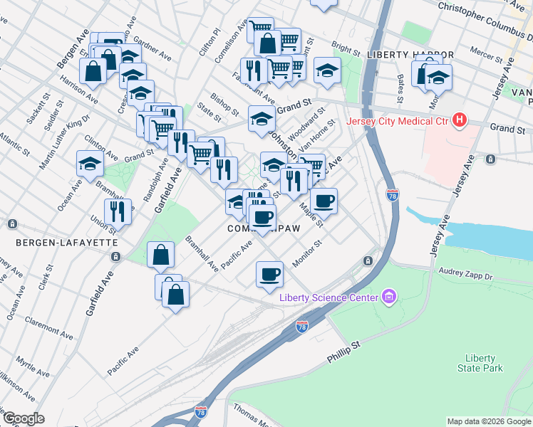 map of restaurants, bars, coffee shops, grocery stores, and more near 113 Lafayette Street in Jersey City