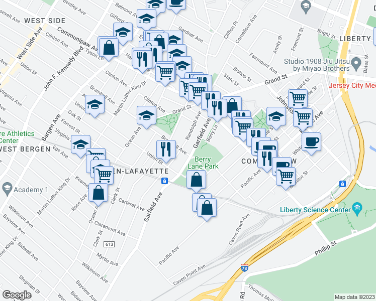 map of restaurants, bars, coffee shops, grocery stores, and more near 1015 Garfield Avenue in Jersey City