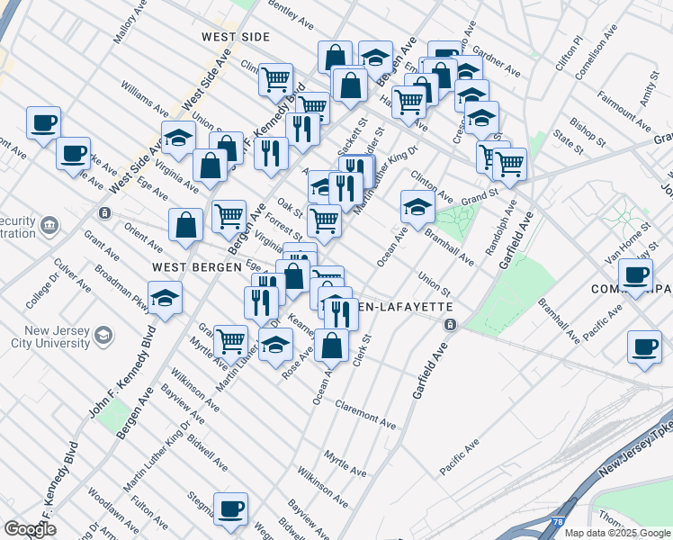 map of restaurants, bars, coffee shops, grocery stores, and more near 31 Oak Street in Jersey City