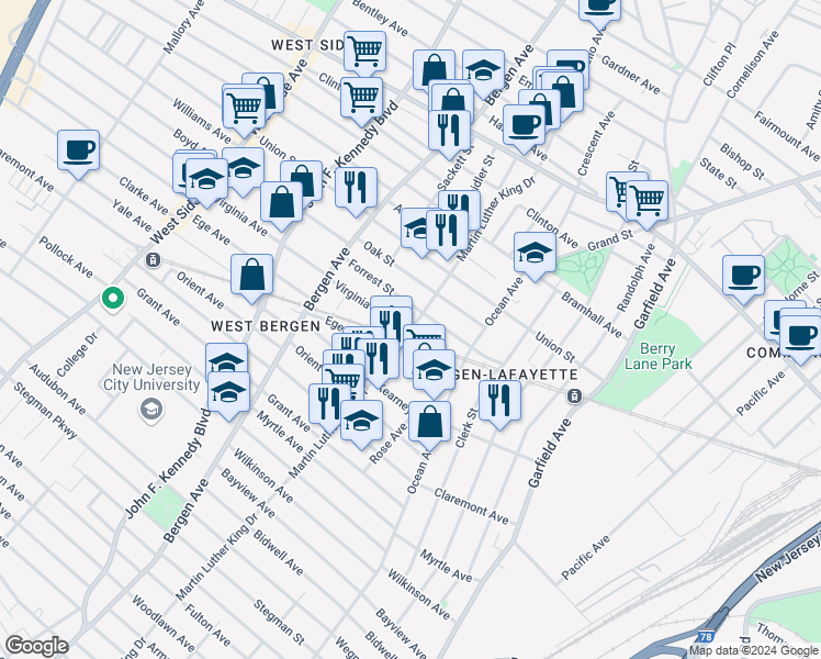 map of restaurants, bars, coffee shops, grocery stores, and more near 315 Forrest Street in Jersey City