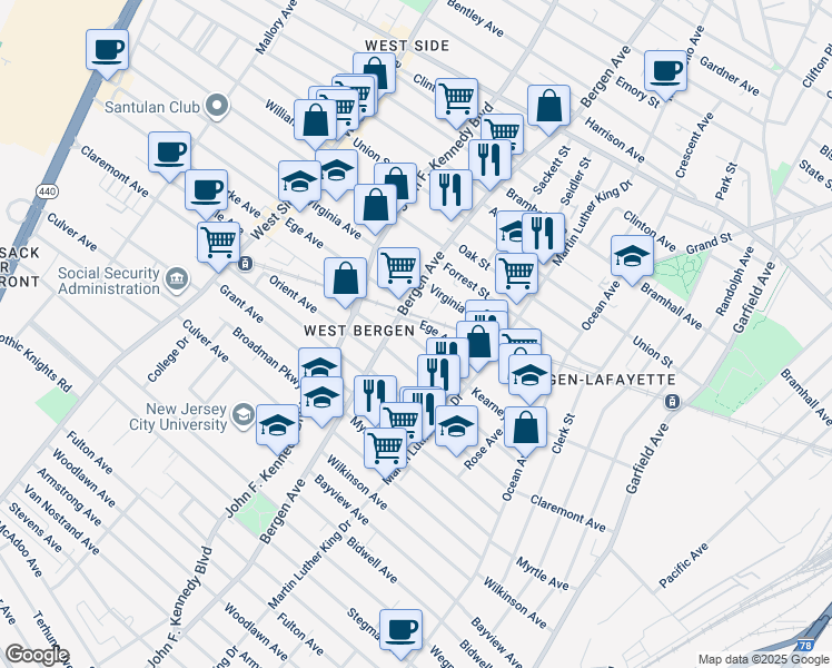 map of restaurants, bars, coffee shops, grocery stores, and more near 1 Bernius Court in Jersey City