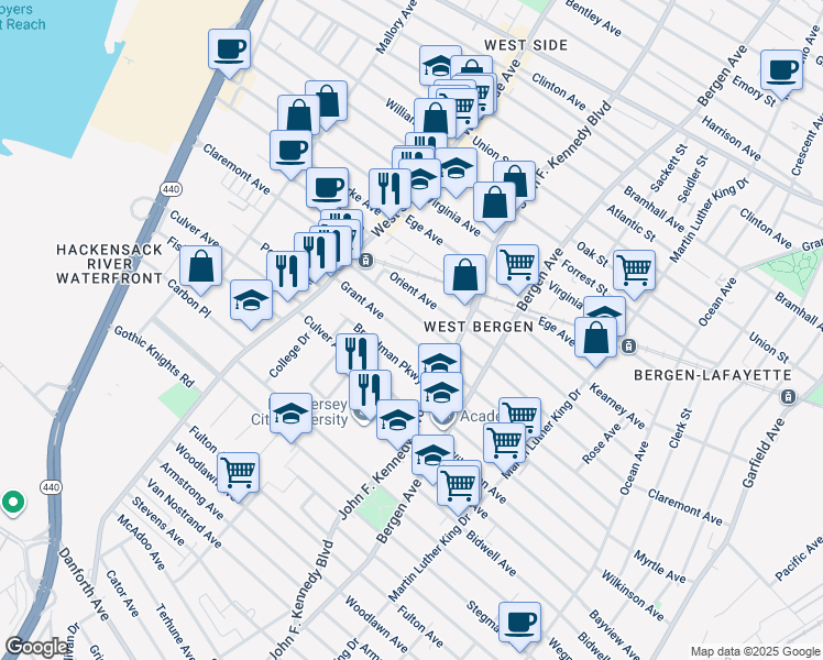 map of restaurants, bars, coffee shops, grocery stores, and more near 242 Grant Avenue in Jersey City