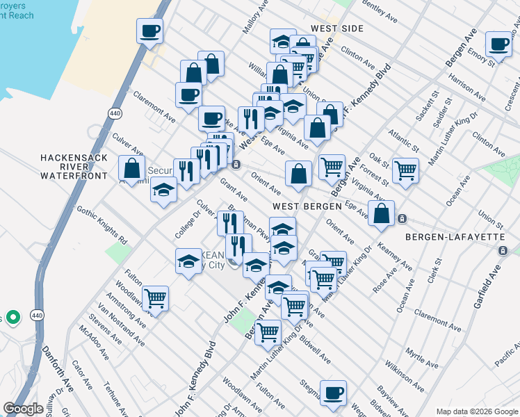 map of restaurants, bars, coffee shops, grocery stores, and more near 242 Grant Avenue in Jersey City