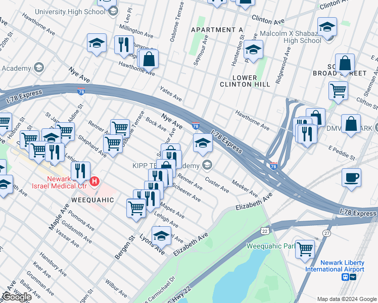 map of restaurants, bars, coffee shops, grocery stores, and more near 384-386 Chadwick Avenue in Newark