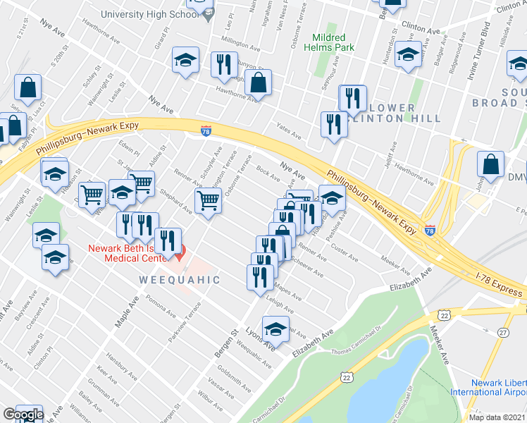 map of restaurants, bars, coffee shops, grocery stores, and more near 207 Custer Avenue in Newark